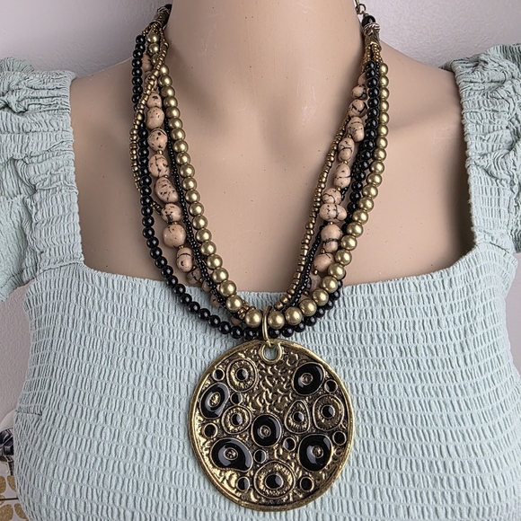 Chico's Enid Statement Necklace Gold Black Enamel Collar - Picture 1 of 6